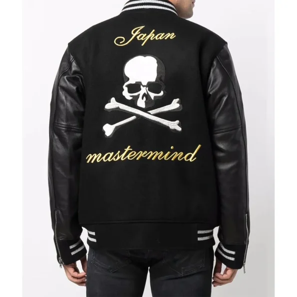 Model wearing Mastermind Japan Logo Varsity Jacket back.