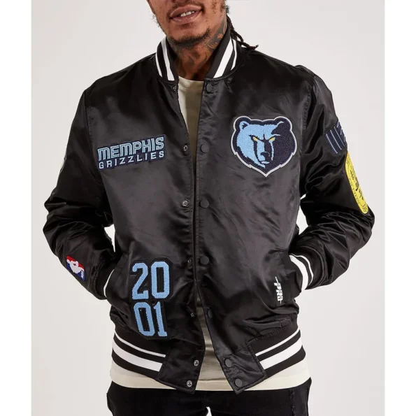 Model wearing Memphis Grizzlies 2001 Varsity Jacket front view.