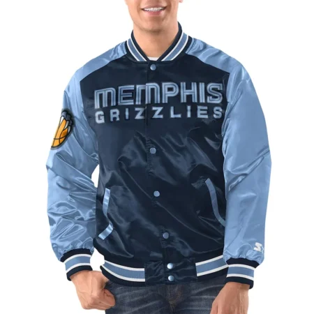 Model wearing Blue Memphis Grizzlies Varsity Jacket front view.