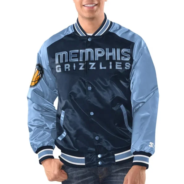 Model wearing Blue Memphis Grizzlies Varsity Jacket front view.