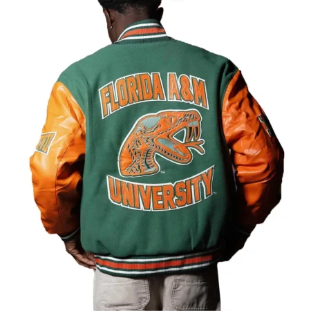 Model wearing Mens Florida AM University Varsity Jacket back view