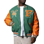 Model wearing Mens Florida AM University Varsity Jacket front view