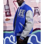 Model in Mens Hampton University Varsity Jacket front.