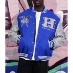 Model in Mens Hampton University Varsity Jacket front.