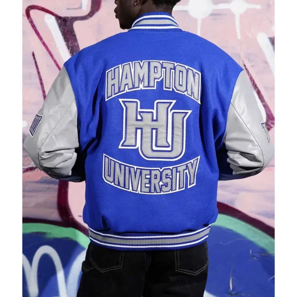 Model wearing Mens Hampton University Varsity Jacket back view.