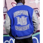 Model in Mens Hampton University Varsity Jacket front.