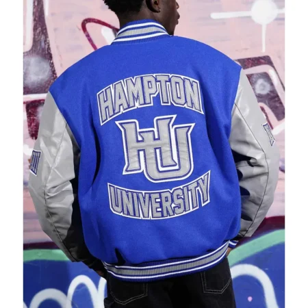 Model wearing Mens Hampton University Varsity Jacket back view.