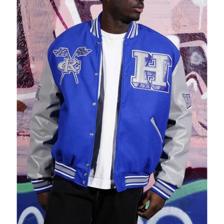 Model wearing Mens Hampton University Varsity Jacket front view.