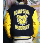 Model in North Carolina AT State Varsity Jacket front.