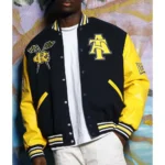 Model wearing North Carolina AT State Varsity Jacket front view.