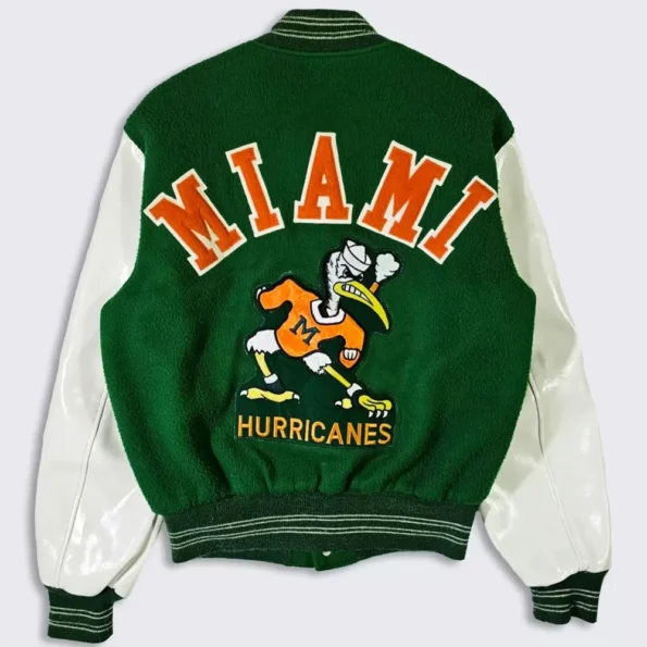 70s Miami Hurricanes Varsity Jacket back view showcasing design.