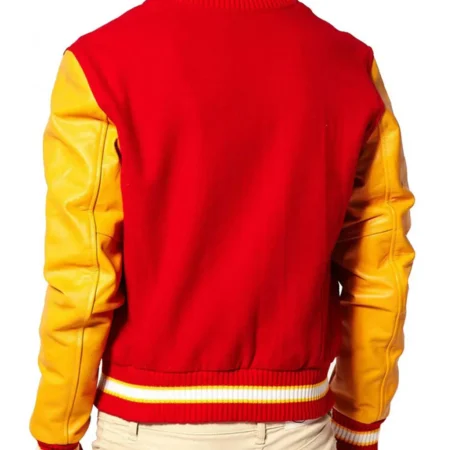 Model showcasing Thriller Michael Jackson Varsity Jacket back.