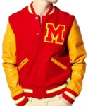 Model showcasing Thriller Michael Jackson M Varsity Jacket front.