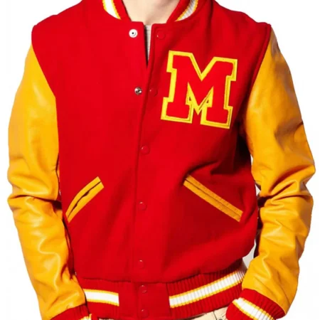 Model showcasing Thriller Michael Jackson M Varsity Jacket front.