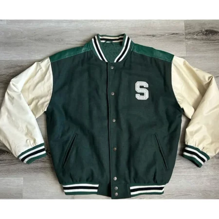 Front view of Michigan State Varsity Green Jacket.