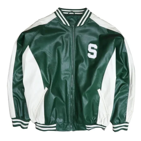 Front view of Michigan State Varsity Leather Jacket.