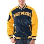 Model wearing Milwaukee Brewers Renegade Varsity Jacket front look