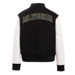 Milwaukee Bucks classic varsity jacket front detailed look.