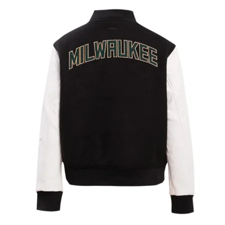 Milwaukee Bucks classic varsity jacket back with emblem design.