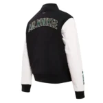 Milwaukee Bucks classic varsity jacket front detailed look.