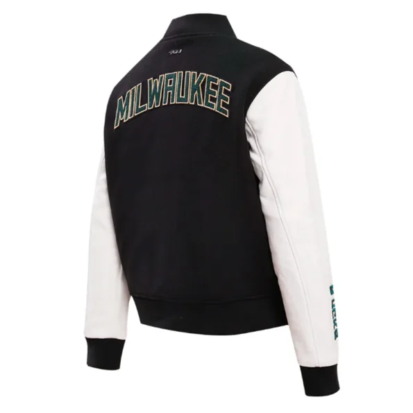 Milwaukee Bucks classic varsity jacket side view showing sleeves.