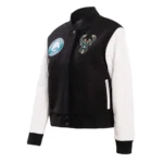 Milwaukee Bucks classic varsity jacket front detailed look.