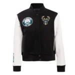 Milwaukee Bucks classic varsity jacket front detailed look.