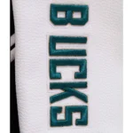 Milwaukee Bucks classic varsity jacket front detailed look.