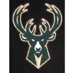 Milwaukee Bucks classic varsity jacket front detailed look.