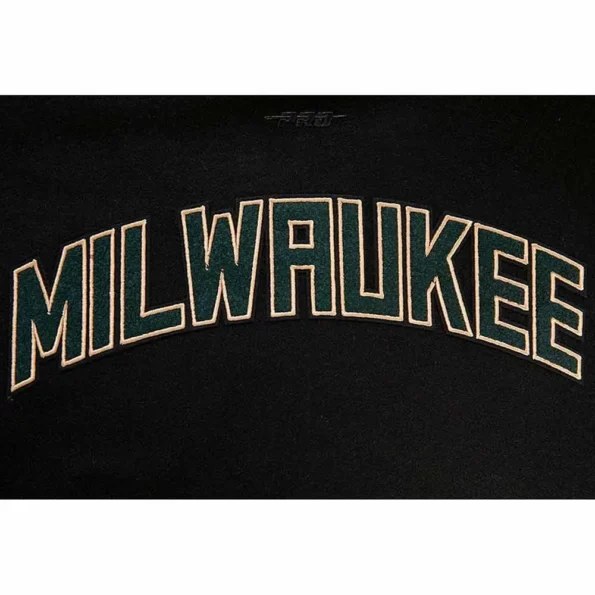 Close-up of Milwaukee Bucks varsity jacket fabric and embroidery.