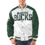 Model wearing Milwaukee Bucks Renegade Varsity Jacket front look