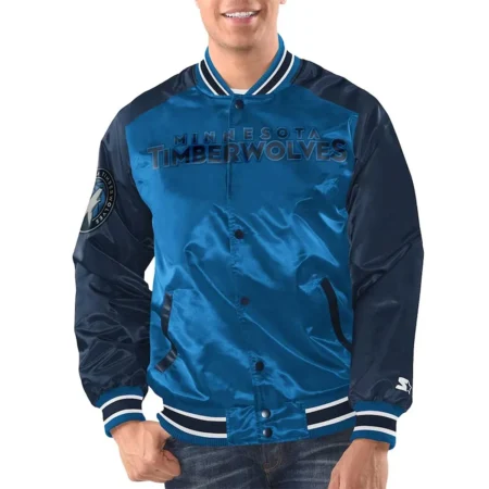 Model wearing Minnesota Timberwolves Varsity Jacket front view