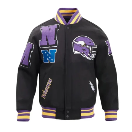 Front view of Minnesota Vikings Mashup Varsity Jacket.