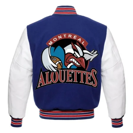 Back view of Montreal Alouettes Blue Varsity Jacket.