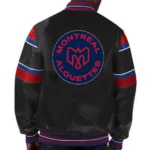 Model front view wearing Montreal Alouettes Striped Varsity Jacket.