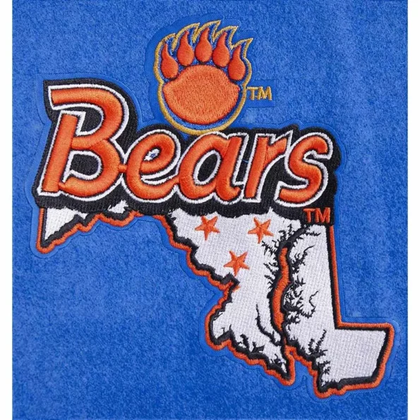 Close-up of Morgan State University Varsity Jacket logo details.