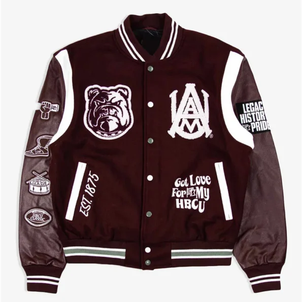 Alabama AM University Varsity Jacket front view display.