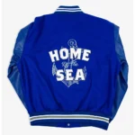 Hampton University Motto Varsity Jacket front view display.