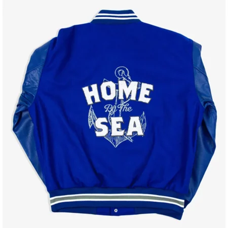 Hampton University Motto Varsity Jacket back view display.