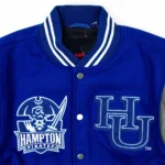 Hampton University Motto Varsity Jacket front view display.