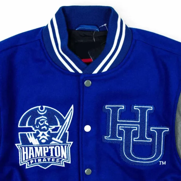 Close-up of Hampton University Motto Varsity Jacket logo.