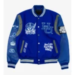 Hampton University Motto Varsity Jacket front view display.