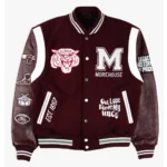 Morehouse College Motto Varsity Jacket front view.