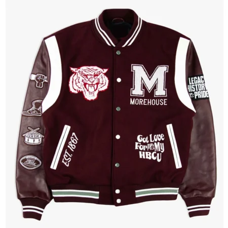 Morehouse College Motto Varsity Jacket front view.