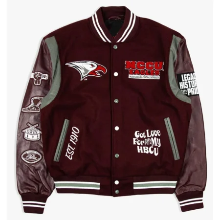 NCCU Eagles Motto 3.0 Varsity Jacket front view.