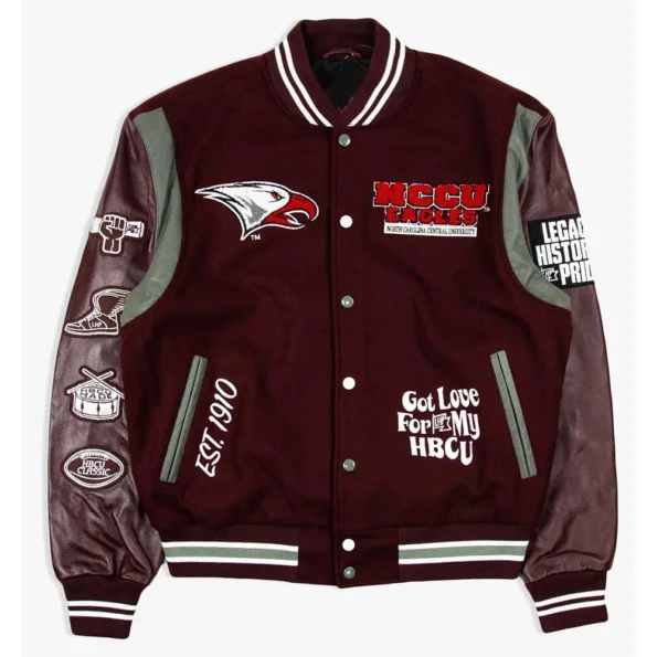 NCCU Eagles Motto 3.0 Varsity Jacket front view.