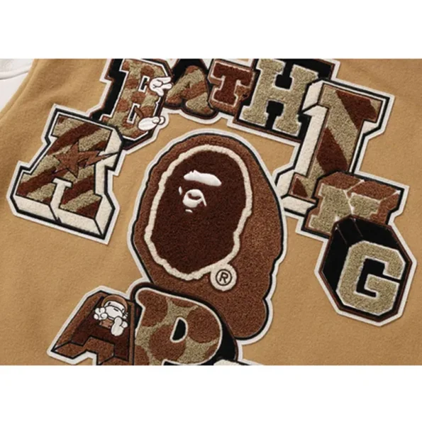 Close-up of Multi Motif Bape Varsity Jacket fabric detail