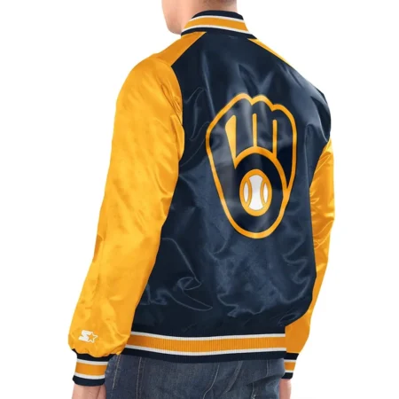 Model wearing Milwaukee Brewers Renegade Varsity Jacket back display