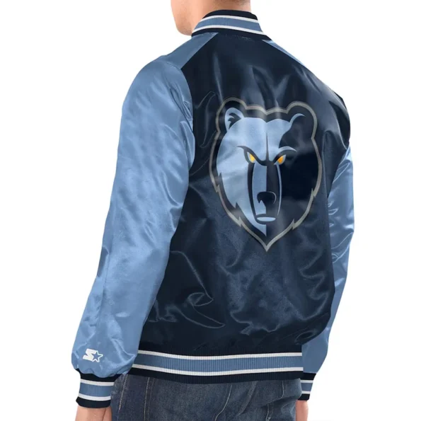 Model wearing Blue Memphis Grizzlies Varsity Jacket back view.