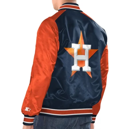 Model back view Houston Astros Renegade Varsity Jacket bold logo